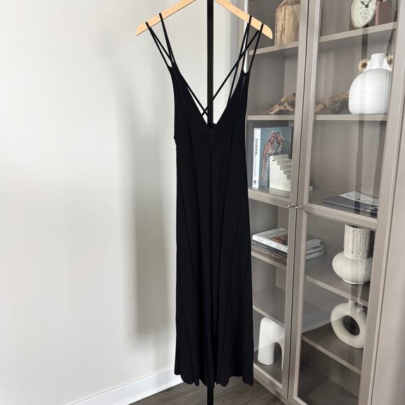 Sandro Paris A-Line Midi Dress Black V-Neck Rib-knit Paneled Strappy Size 2 - Picture 1 of 6